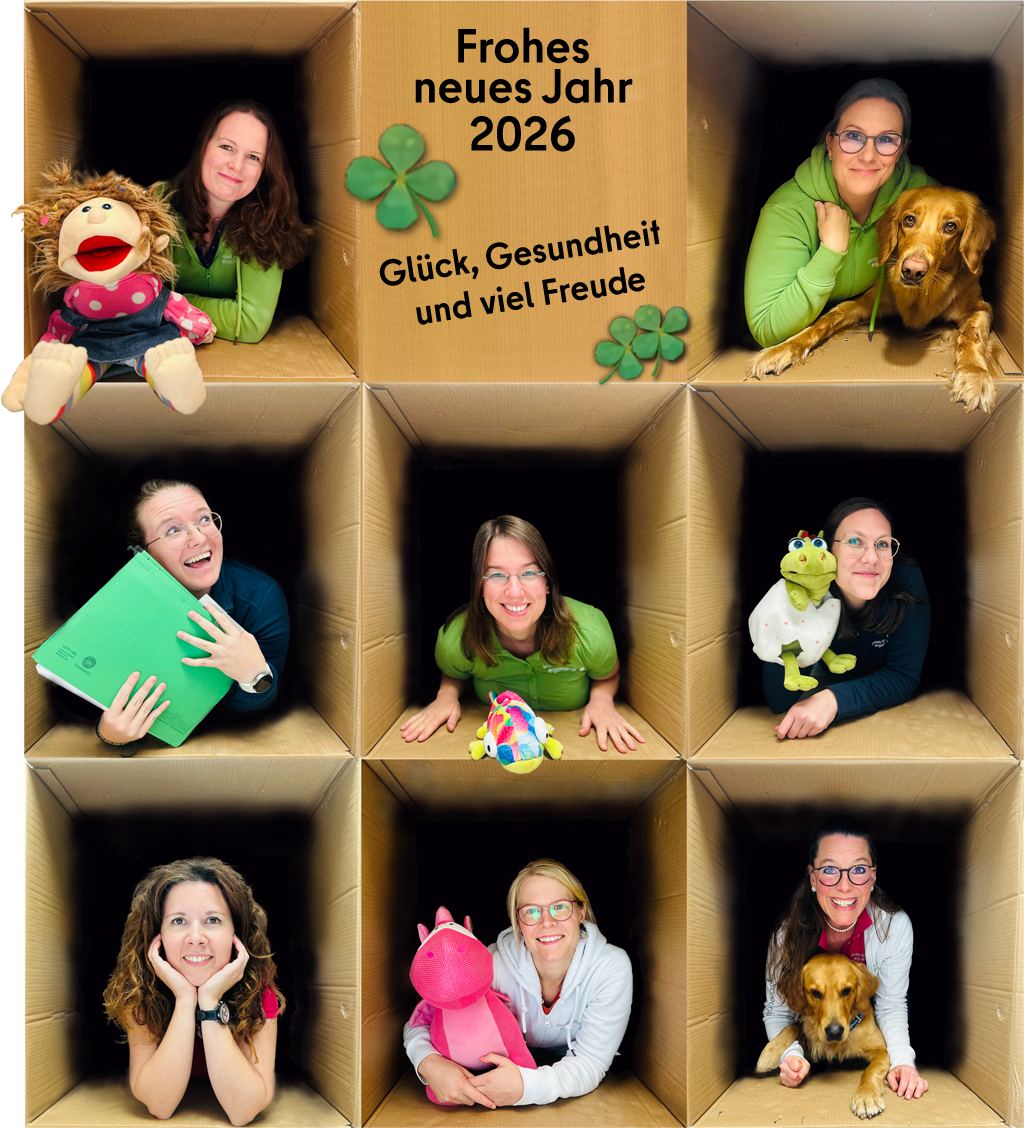 Bild alle Mitarbeiterinnen einzeln aus einem Karton herausguckend